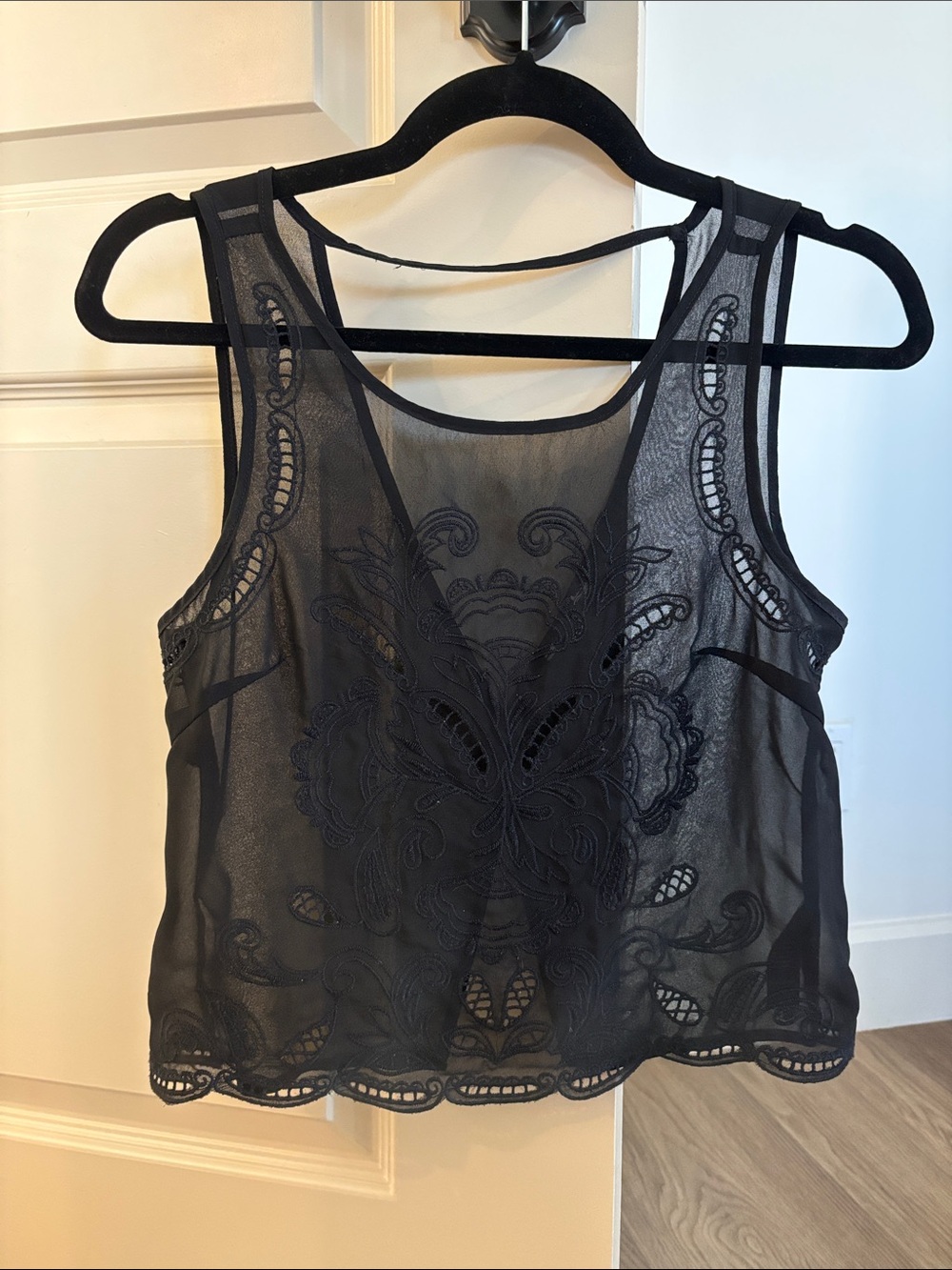 Women's Embroidered Sheer Tank Top - Black XS/S/M